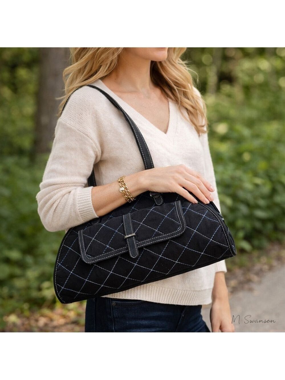 Vera Bradley Sausalito Quilted Handbag in Black Microfiber & Blue Stitch Detail